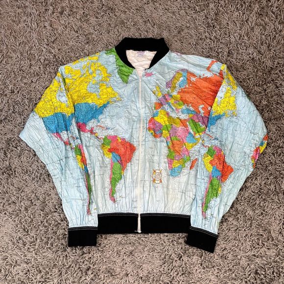 Vintage Ty Breakers Jacket Mens Large Globe World Map 80s Windbreaker Paper L - Picture 1 of 13